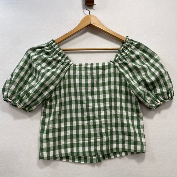 Madewell Linen-Cotton Gingham Puff Sleeve Top Green White Square Neck Blouse S - Picture 4 of 14